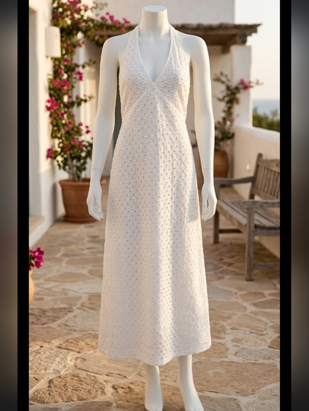 A New Day White Halter  Cotton Blend    Eyelet Smocked midi  / Maxi A-Line Dress